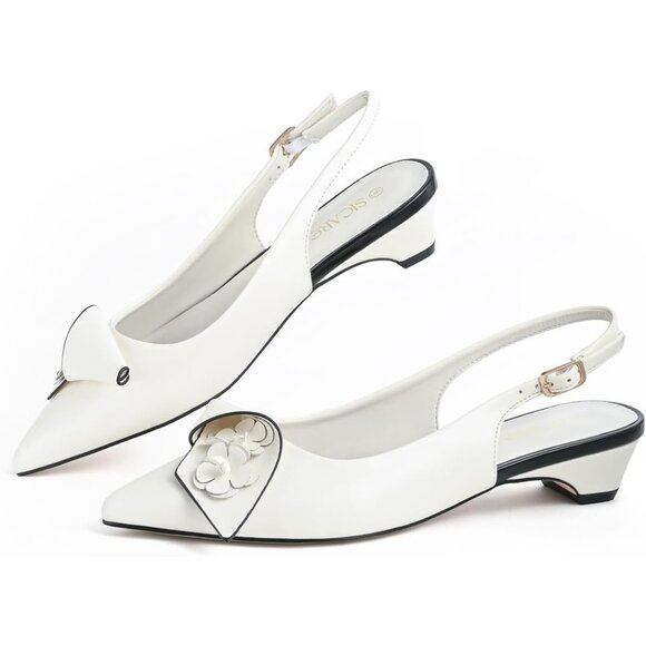 Sicare Slingback Heels Pumps Synthetic White Women Flower Block Heel Dress Shoes - Picture 10 of 13